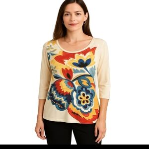 Lucky Brand Cream Floral-Print Scoop Neck Long Sleeve Top